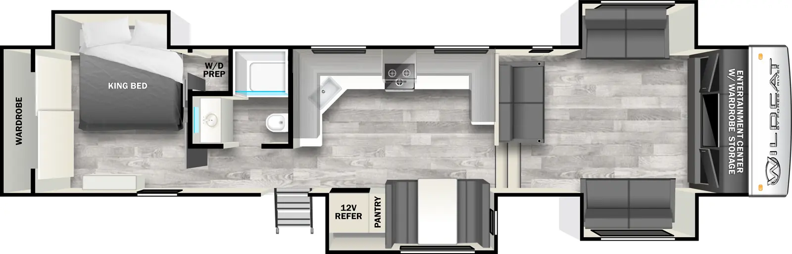 The 35FL has four slideouts and one entry. Interior layout front to back: entertainment center with wardrobe and storage, opposing slideouts with seating, and additional seating across from front entertainment center; steps down to main living area; door side slideout with dinette, pantry, and 12V refrigerator; kitchen counter wraps from inner wall to off-door side with cooktop and overhead cabinets, and continues to wrap to other inner wall with sink; door side entry; off-door side full bathroom; rear bedroom with off-door side closet with washer/dryer prep, and king bed slideout, and rear wardrobe.